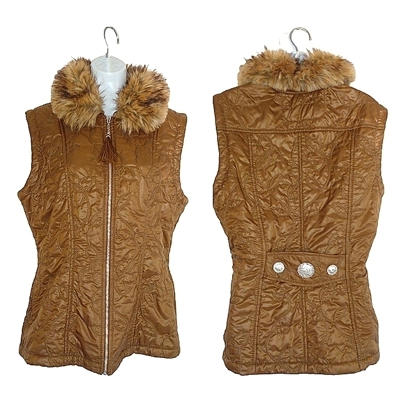 VINTAGE silver saddle country western faux fur brown tassle puffer vest large  - Picture 1 of 3